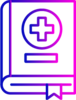 Schwarz-weiße Linienzeichnung eines Buchs mit einem Medizinkreuz im Kreis auf dem Einband und einem Lesezeichen