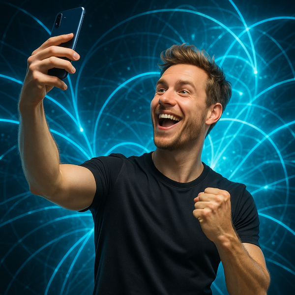 Ein Mann macht ein Selfie, während um ihn herum blaue, leuchtende Linien ein digitales Netz bilden.