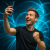 Ein Mann macht ein Selfie, während um ihn herum blaue, leuchtende Linien ein digitales Netz bilden.