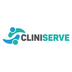 Auf dem Bild ist das Logo der Cliniserve GmbH zu sehen. Es ist in Großbuchstaben in schwarzer und grüner Schrift. Vor dem Schriftzug sind zwei grafische Elemente in blau und grün.