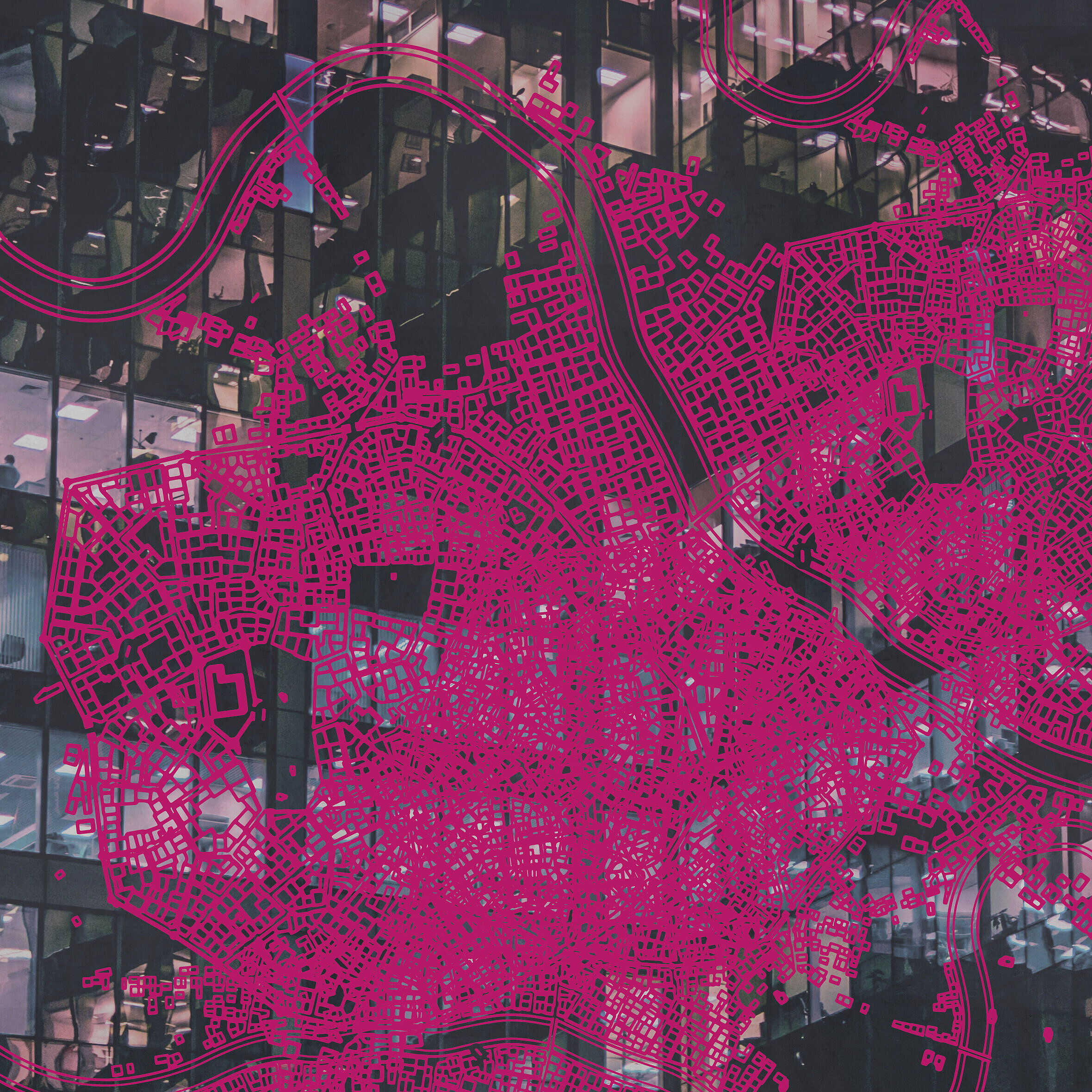 Aus der Vogelperspektive sieht man ein graues Bürogebäude deren Fassaden aus Glas mit vielen Fenstern glänzt. Darauf ist eine abstrakte, pink eingefärbte Stadt mit Straßen, Häusern entlang eines Flusses dargestellt.