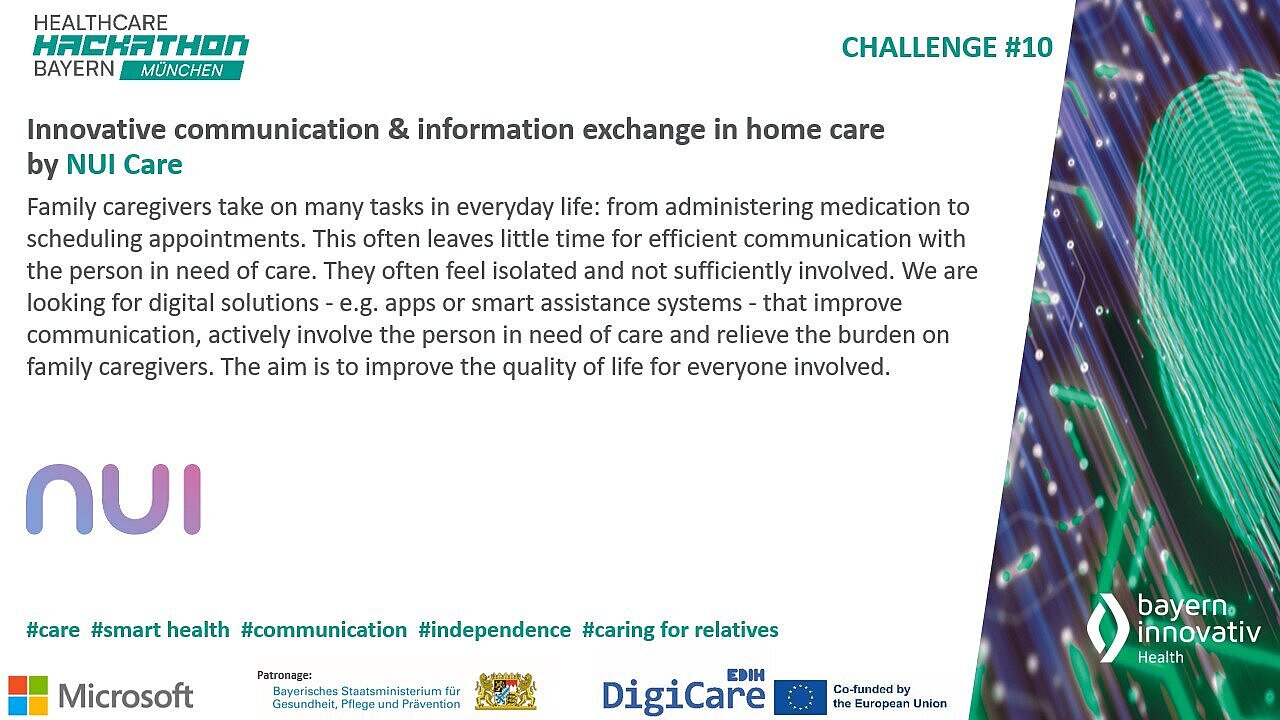 Das Bild zeigt die Challenge #10 des Healthcare Hackathon Bayern mit dem Titel: „Innovative communication & information exchange in home care“ von NUI Care. Unten sind die Logos von SHL Telemedizin, Microsoft, DigiCare und Bayern Innovativ sowie passende Hashtags zu sehen.