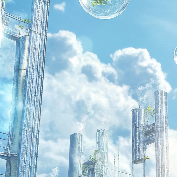 Blauer Himmel mit futuristischer Stadt und Luftblasen mit Blättern gefüllt