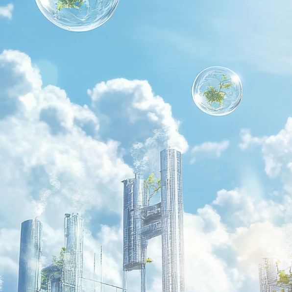 Blauer Himmel mit futuristischer Stadt und Luftblasen mit Blättern gefüllt