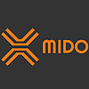 Wortmarke "MIDO" in orangfarbiger Schrift auf schwarzen Hintergrund, sowie ein Bildelement in "x"-Form in orange