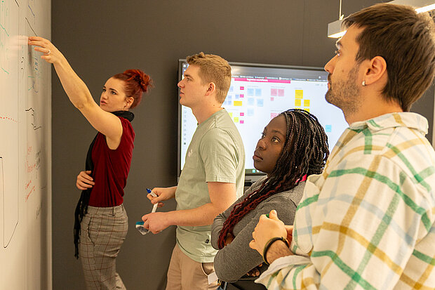 Studierende arbeiten zusammen an einer Wand und beschriften diese