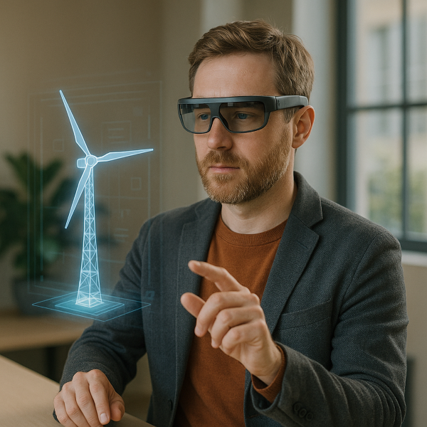 Ein Mann mit Brille bewegt seine Hand vor einem virtuellen Interface.