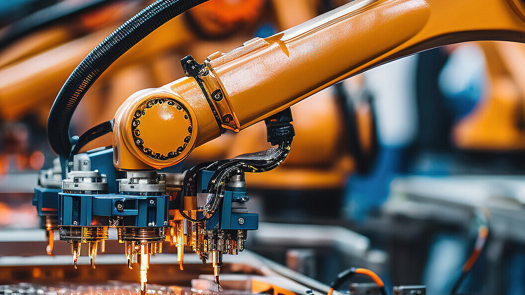 Roboter führen Metallverarbeitung in einer industriellen Umgebung durch.