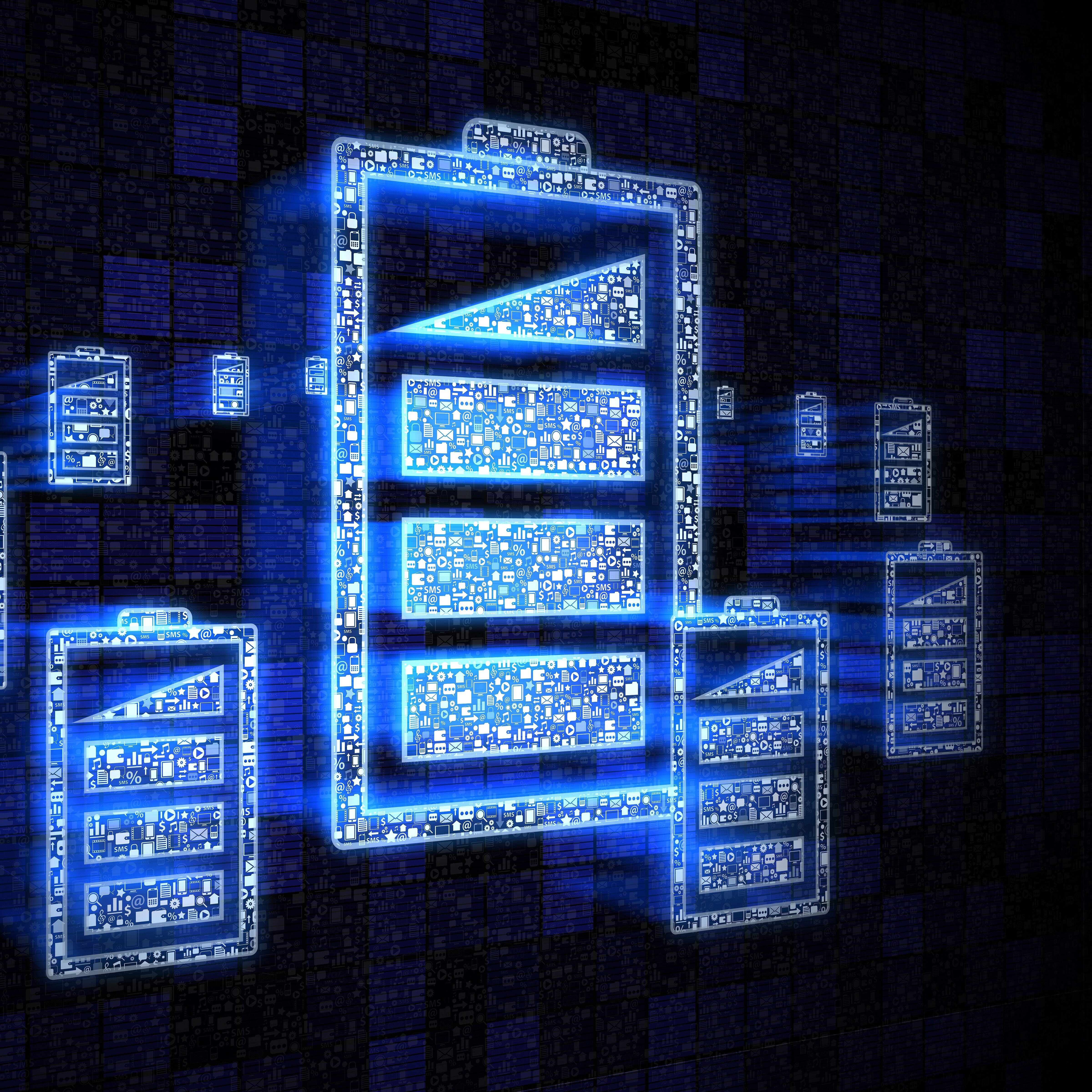 Das Bild zeigt stilisierte blaue Serversymbole, die digital leuchtend auf einem dunklen Hintergrund dargestellt sind.