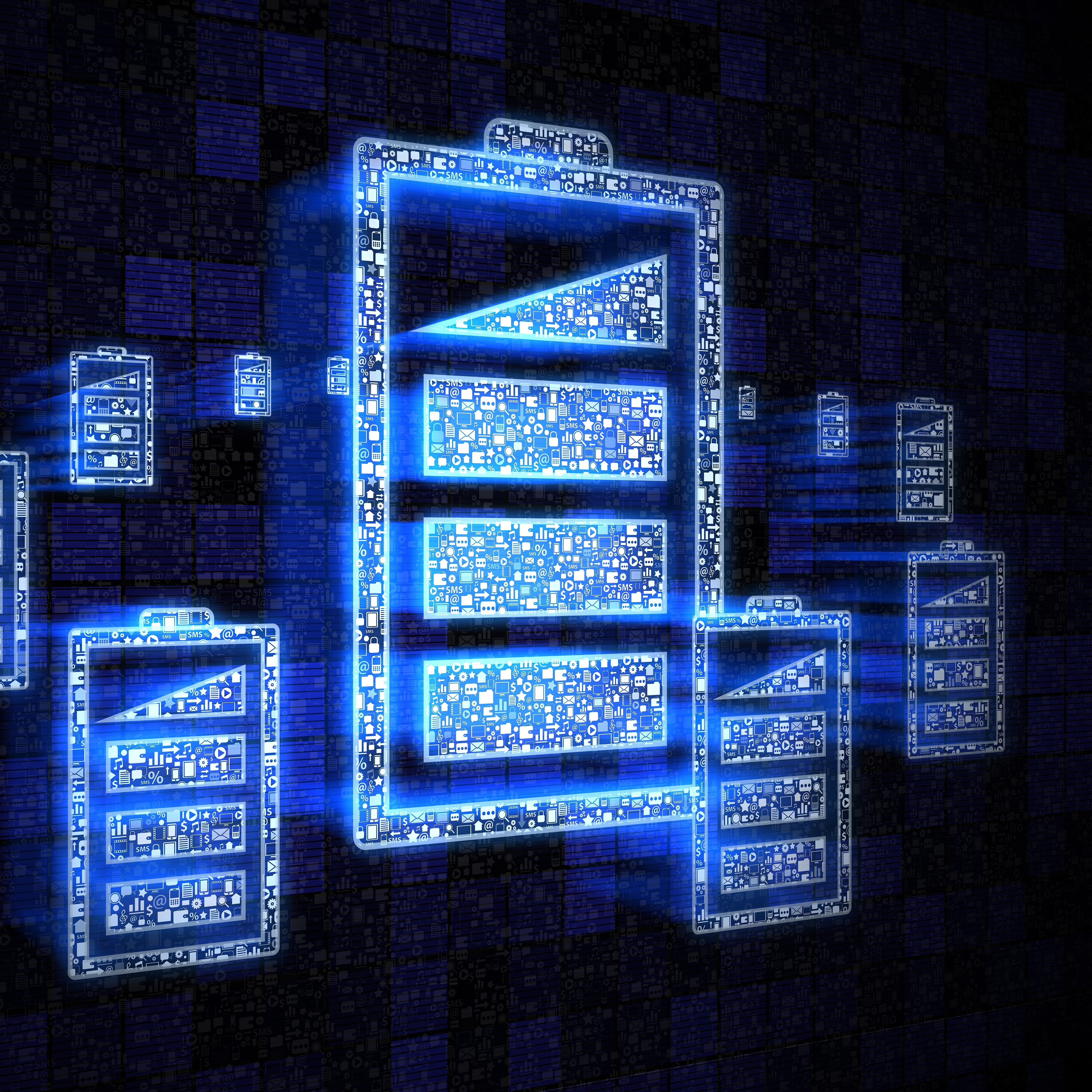 Das Bild zeigt stilisierte blaue Serversymbole, die digital leuchtend auf einem dunklen Hintergrund dargestellt sind.