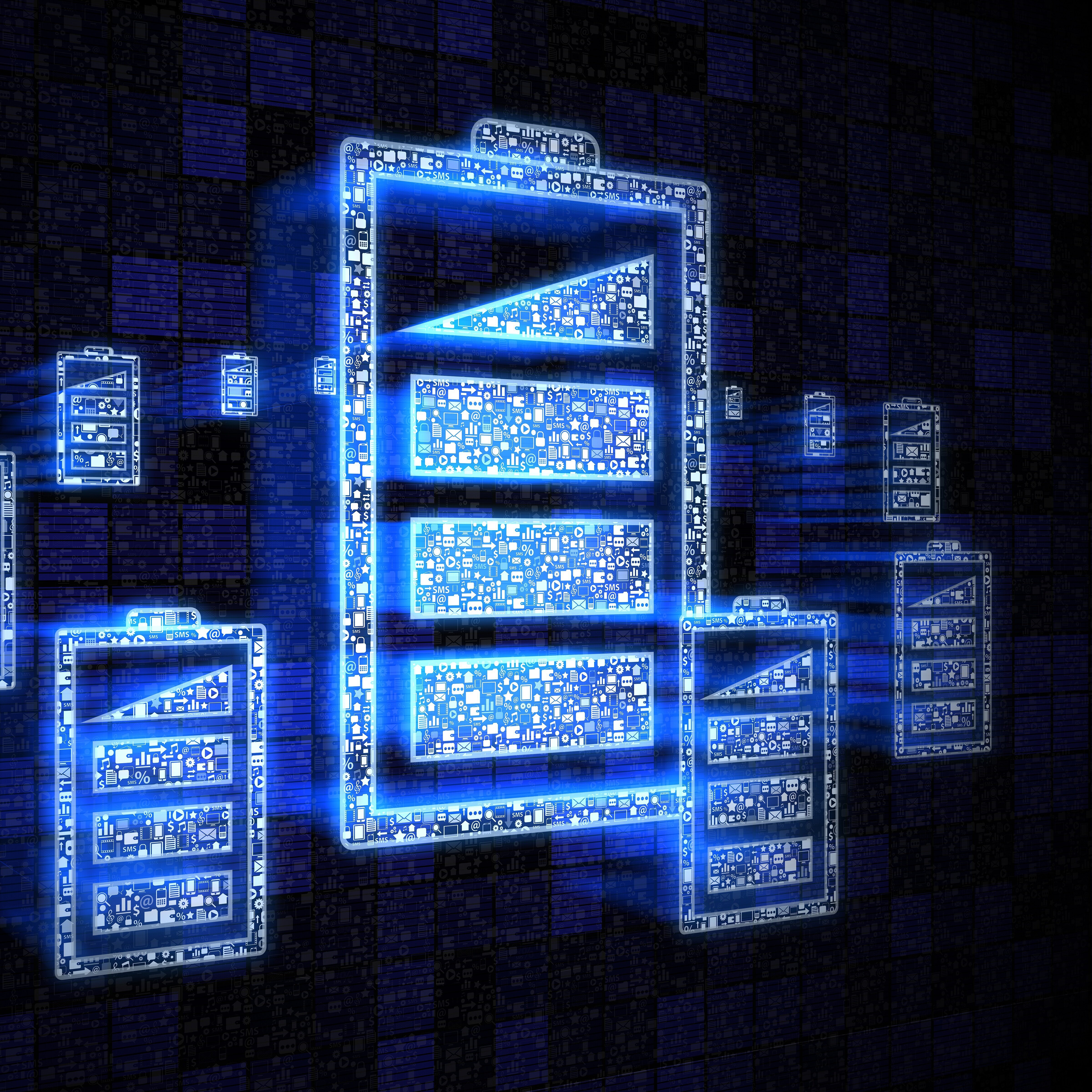 Das Bild zeigt stilisierte blaue Serversymbole, die digital leuchtend auf einem dunklen Hintergrund dargestellt sind.