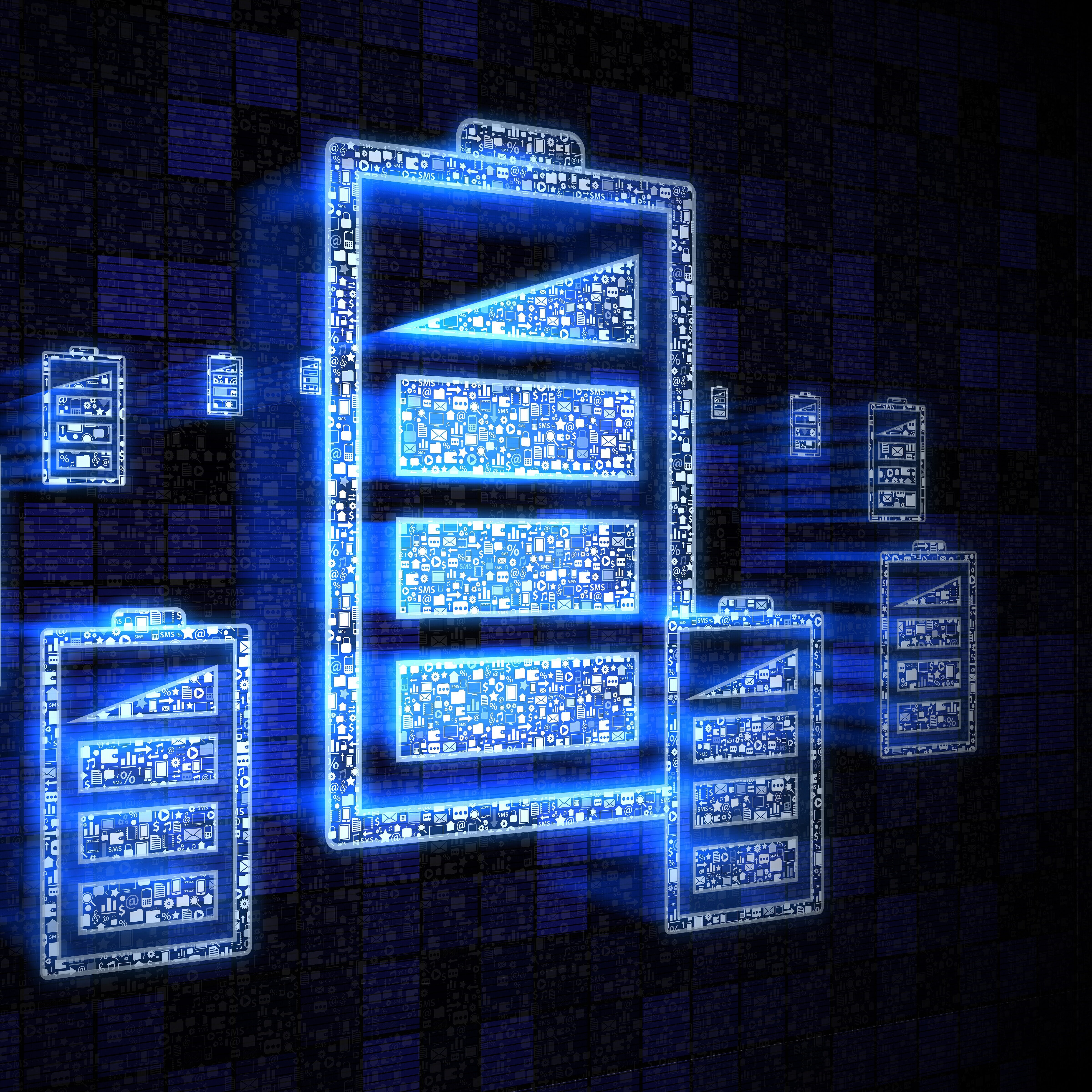 Das Bild zeigt stilisierte blaue Serversymbole, die digital leuchtend auf einem dunklen Hintergrund dargestellt sind.