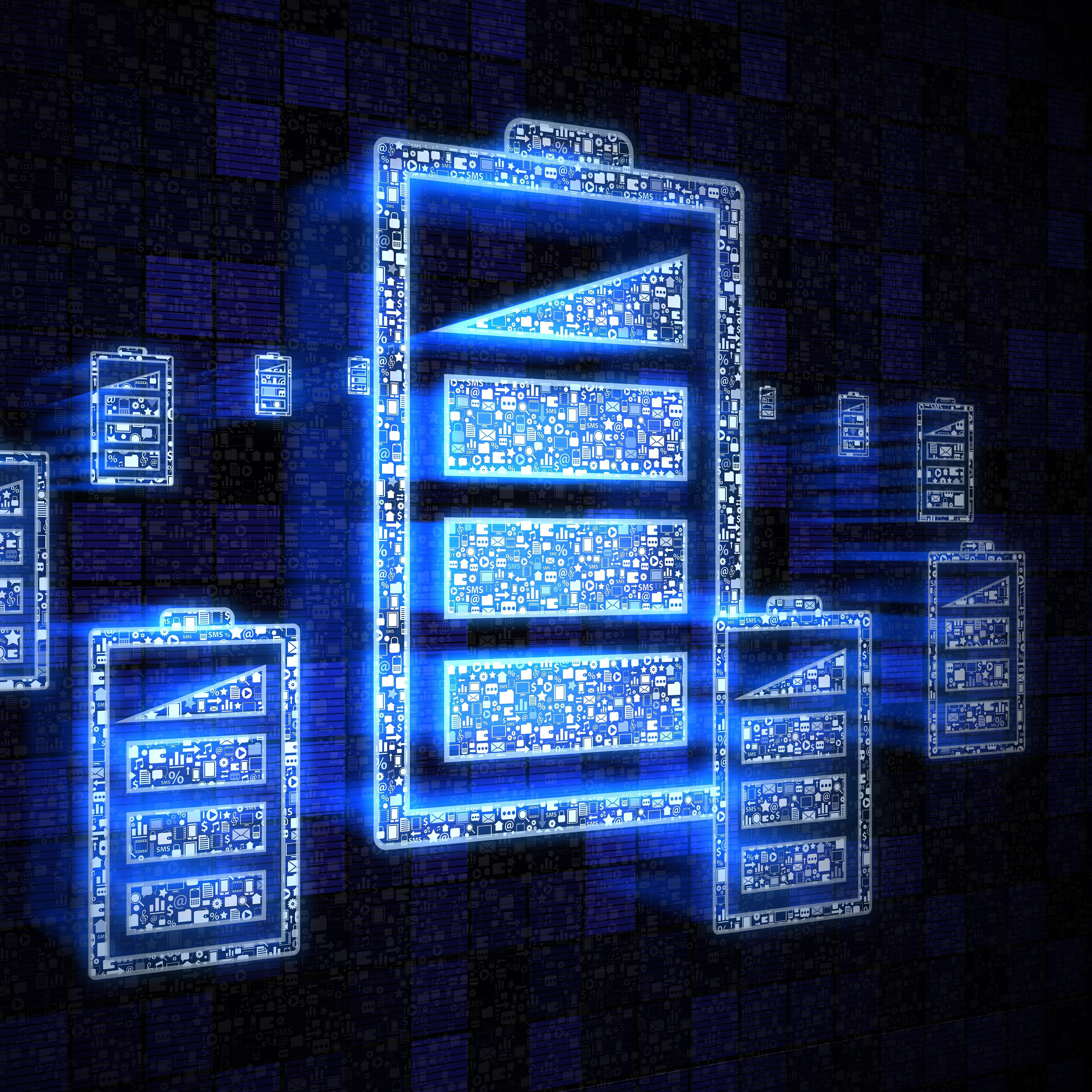 Das Bild zeigt stilisierte blaue Serversymbole, die digital leuchtend auf einem dunklen Hintergrund dargestellt sind.