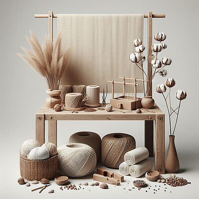 KI generiertes Bild zeigt verschiedene Garne und Baumwollzweige auf einem Holztisch