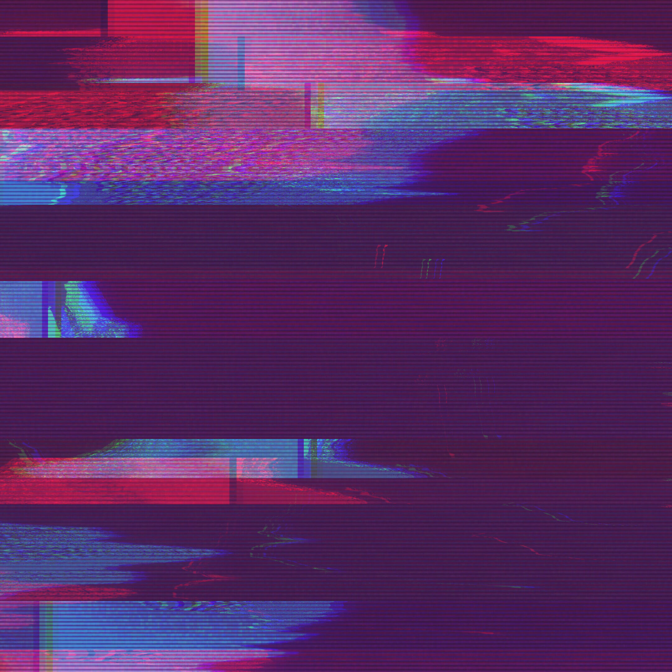 Abstraktes Bild mit starken digitalen Störungen in Neonfarben wie Pink, Blau und Violett. Horizontale Glitch-Streifen überlagern die Szene, wodurch nur schemenhaft eine Person oder ein Gesicht erkennbar ist. Die Darstellung wirkt futuristisch und erinnert an einen gestörten Bildschirm.