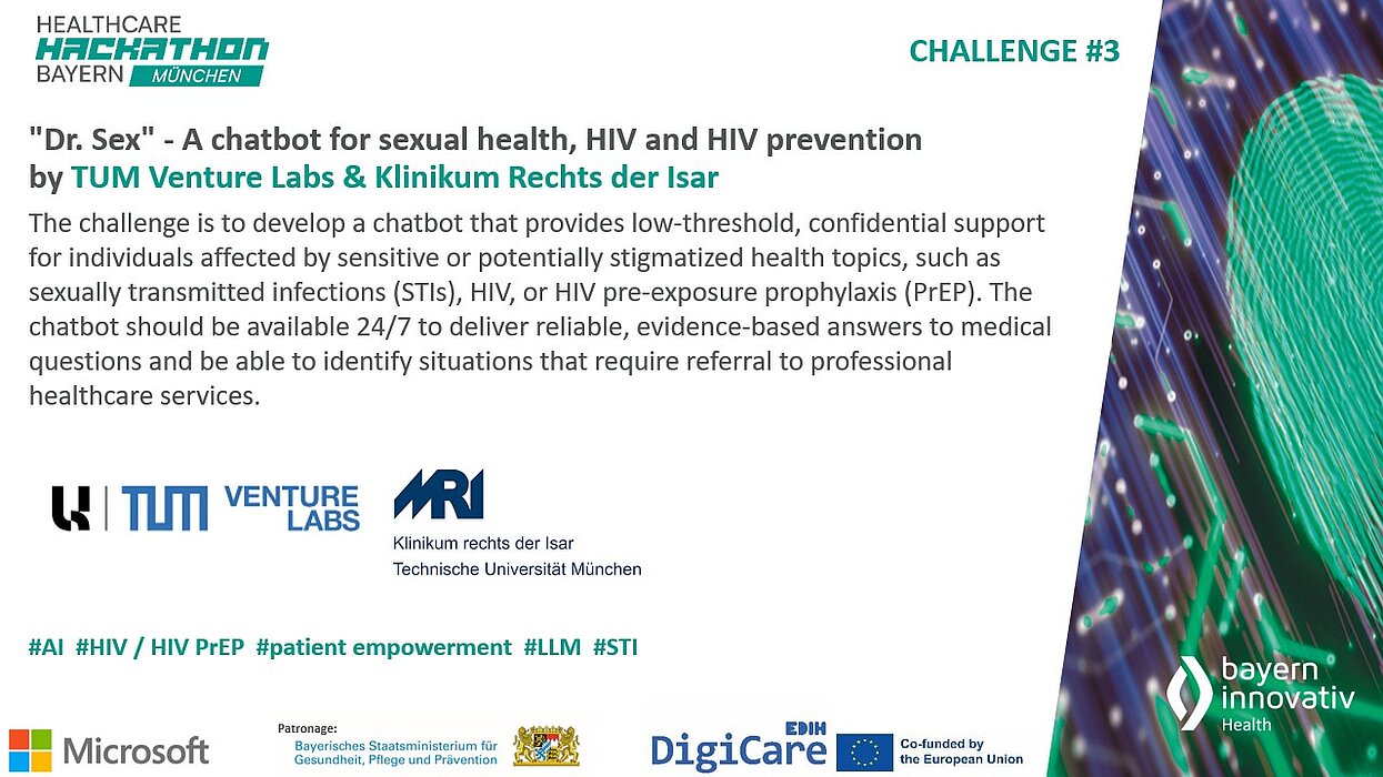 Das Bild zeigt die Challenge #3 des Healthcare Hackathon Bayern mit dem Titel: „Dr. Sex – A chatbot for sexual health, HIV and HIV prevention“, entwickelt von TUM Venture Labs und dem Klinikum rechts der Isar.  Ziel ist ein rund um die Uhr verfügbarer, vertrauenswürdiger Chatbot, der sensible Fragen zu sexuell übertragbaren Infektionen (STIs), HIV und PrEP beantwortet und bei Bedarf an Fachstellen verweist.  Unten sind Logos der Partner wie TUM, MRI, Microsoft und Bayern Innovativ sowie passende Hashtags abgebildet.