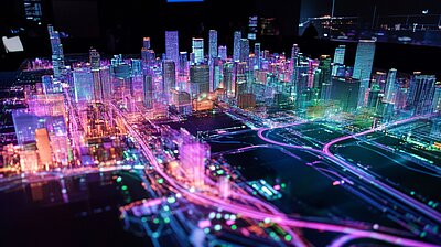 Eine bunt leuchtende Skyline