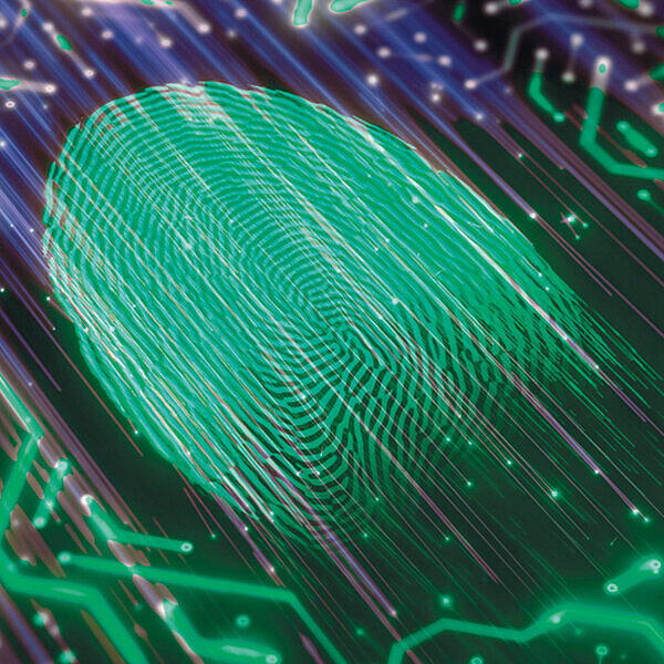 ist ein grüner Fingerabdruck auf einer violetten und grünem Hintergrund zu sehen, welcher ein Datennetzwerk darstellen soll.