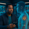 Ein Mann betrachtet ein Hologramm seines digitalen Zwillings mit Organen und Sensoren.