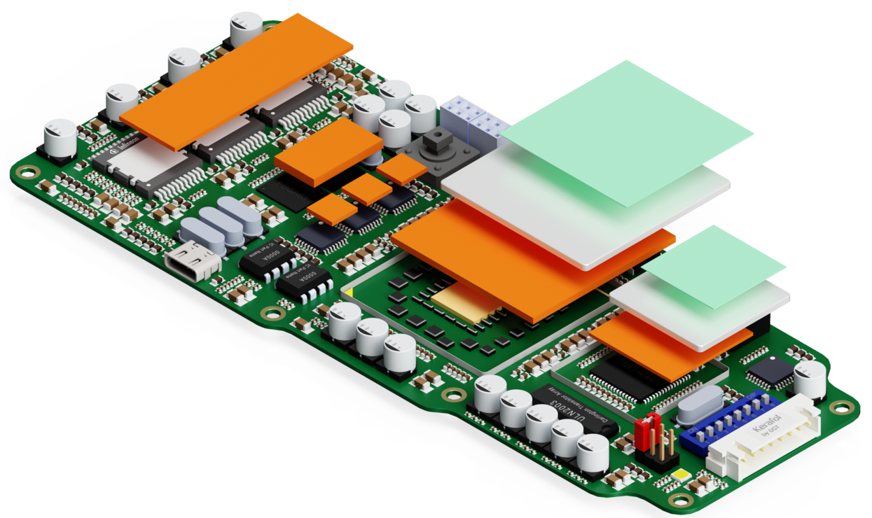 Das Bild zeigt den Einsatz verschiedener Thermal Interface Materials (Vor allem Folien und Pads) bei Leistungselektronik
