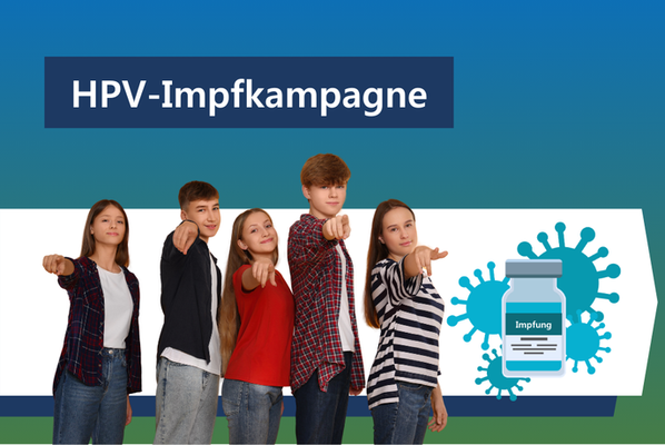 Gruppe von Jugendlichen zeigt auf den Betrachter, daneben Text „HPV-Impfkampagne“ und eine Illustration einer Impfflasche mit Virussymbolen.