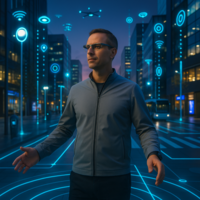 Ein Mann läuft durch eine digitale Stadt mit holografischen Daten rund um ihn herum.
