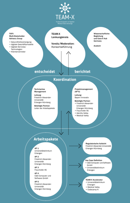 Organigramm mit TEAM-X-Struktur zeigt Lenkkreis, technische Leitung, Projektmanagement, wissenschaftliche Begleitung, Arbeits- und Regulierungsaufgaben in ovalen Feldern verbunden durch Pfeile.
