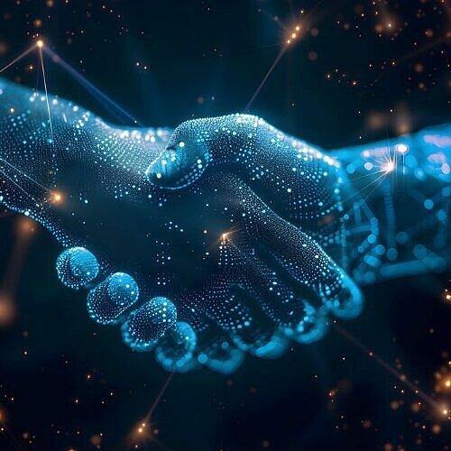 Zwei Hände digitale Hände reichen sich vor einem dunklen Hintergrund mit funkelnden Lichtpunkten