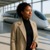 Eine Frau geht in einer futuristischen Hyperloop-Station entlang.