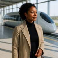 Eine Frau geht in einer futuristischen Hyperloop-Station entlang.