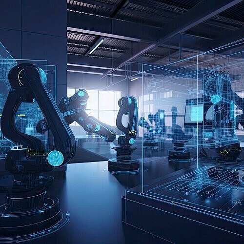 Industrielle Umgebung mit mehreren Roboterarmen, die automatisierte Produktionsprozesse ausführen, in kühlem blauen Licht.  CMA_KI_industrielle_Inn