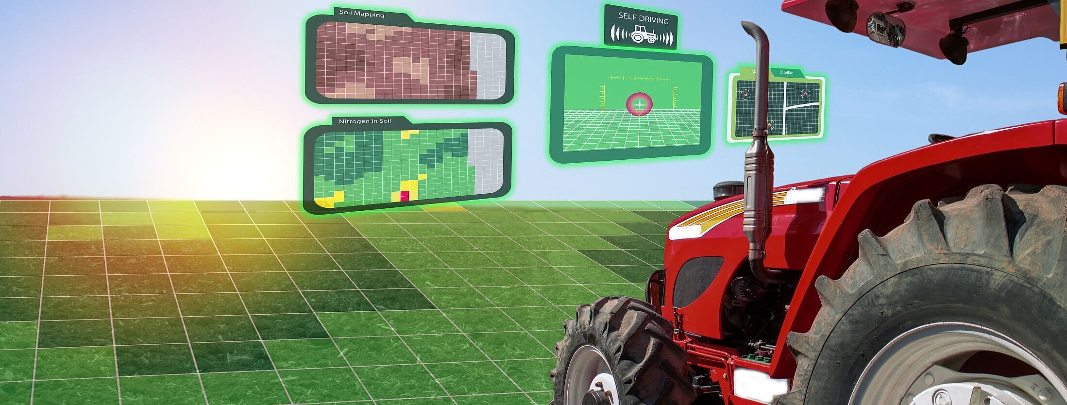 Traktor auf einem Feld, virtuell dargestellt mit Rastern auf dem Boden, Senoren und Satelitendaten zur Arbeitserleichterung