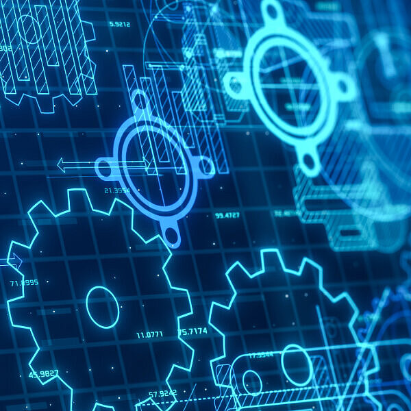 Digitale Zahnräder und technische Zeichnungen in Blau als Symbol für Innovation und Technik