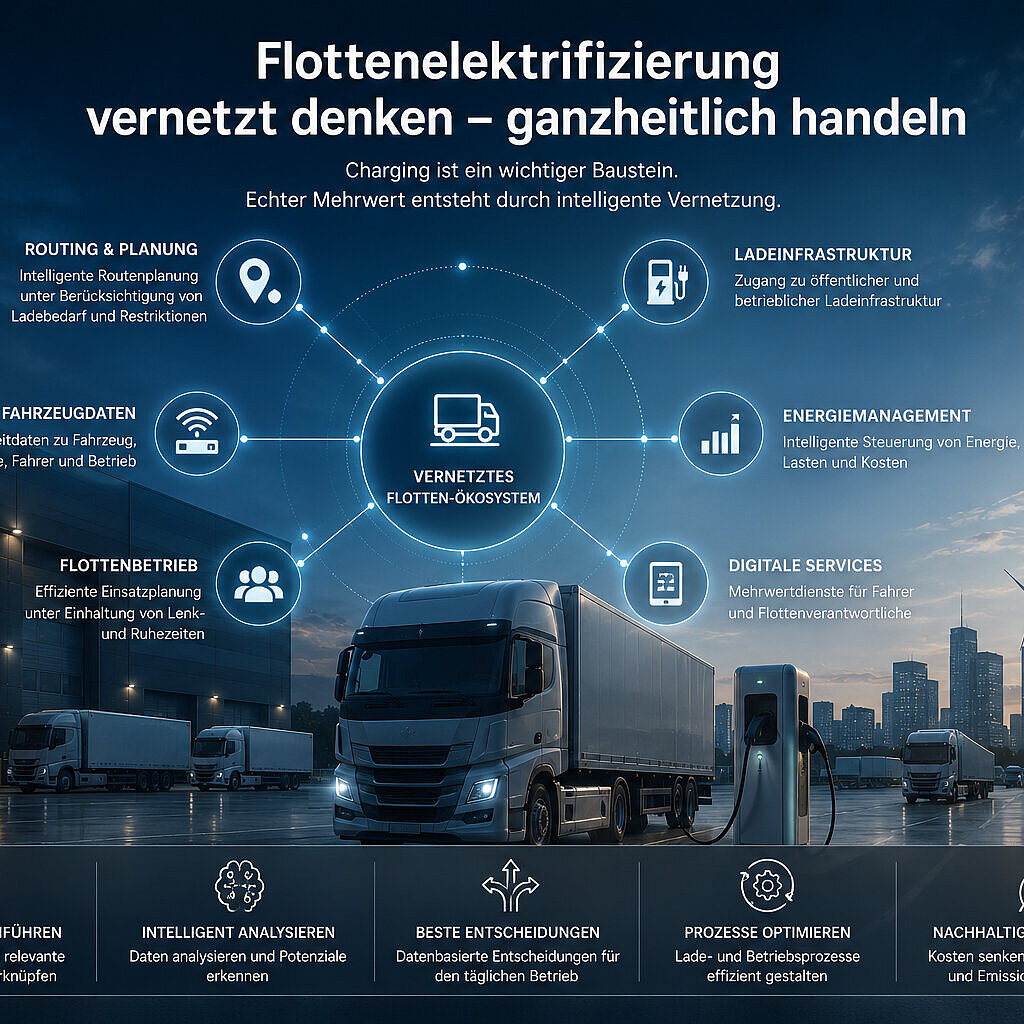 Die intelligente Vernetzung von Fahrzeugen, Ladeinfrastruktur, Energie, Daten und digitalen Services schafft die Grundlage für einen effizienten und nachhaltigen Flottenbetrieb