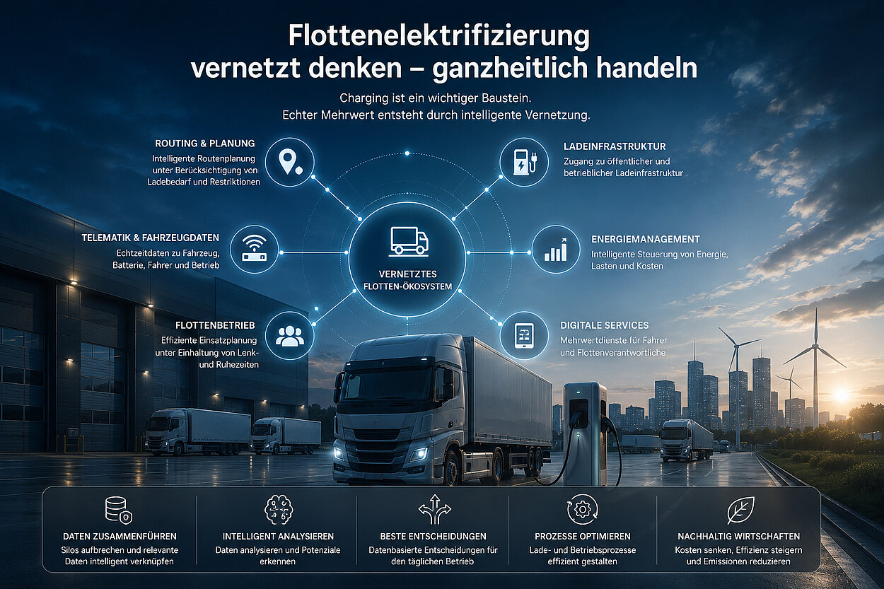 Die intelligente Vernetzung von Fahrzeugen, Ladeinfrastruktur, Energie, Daten und digitalen Services schafft die Grundlage für einen effizienten und nachhaltigen Flottenbetrieb