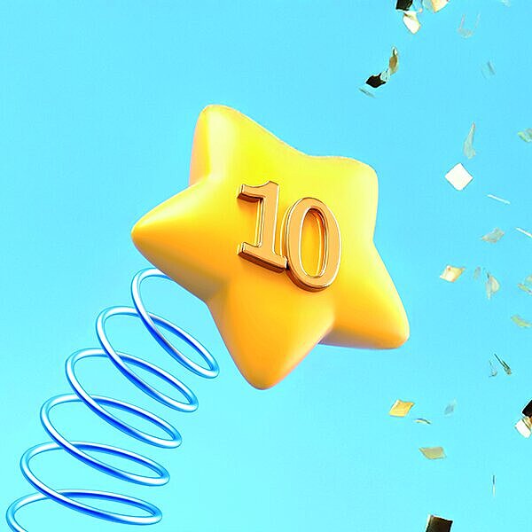 gelber Stern mit Sprungfeder und Konfetti