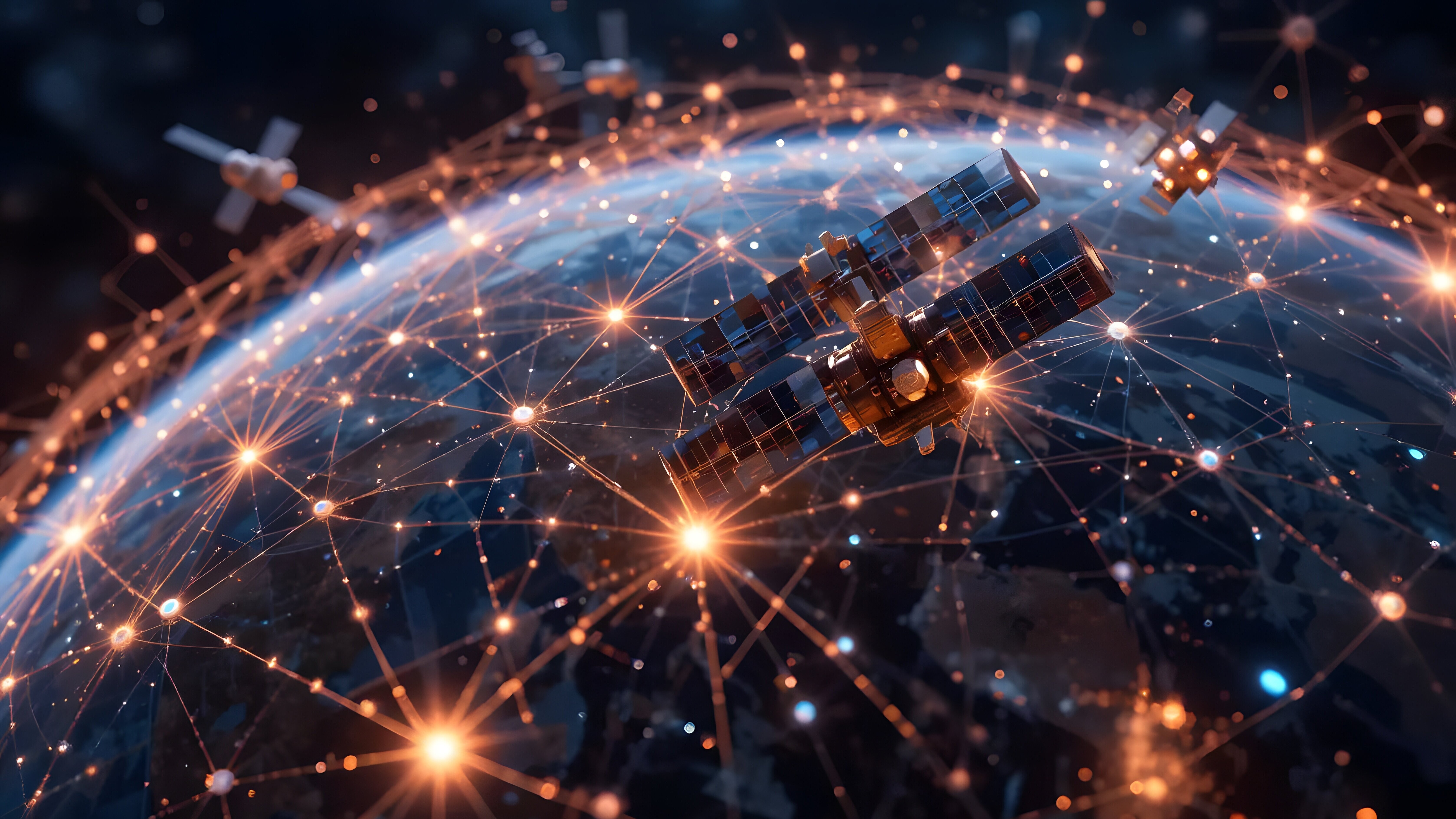 Ausschnitt Weltkugel mit beleuchtetem Netzwerk und Satellit