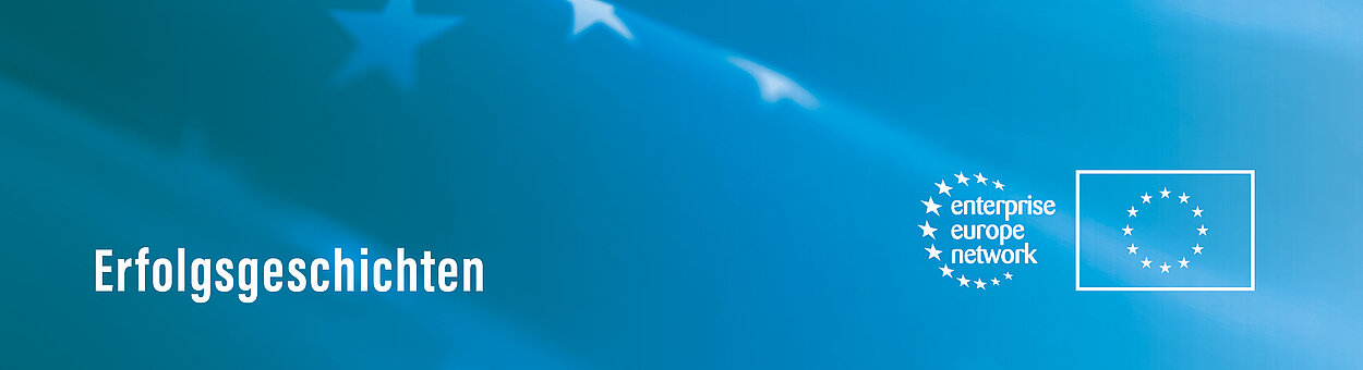 EEN Logo auf blauem Hintergrund mit Aufschrift Erfolgsgeschichten