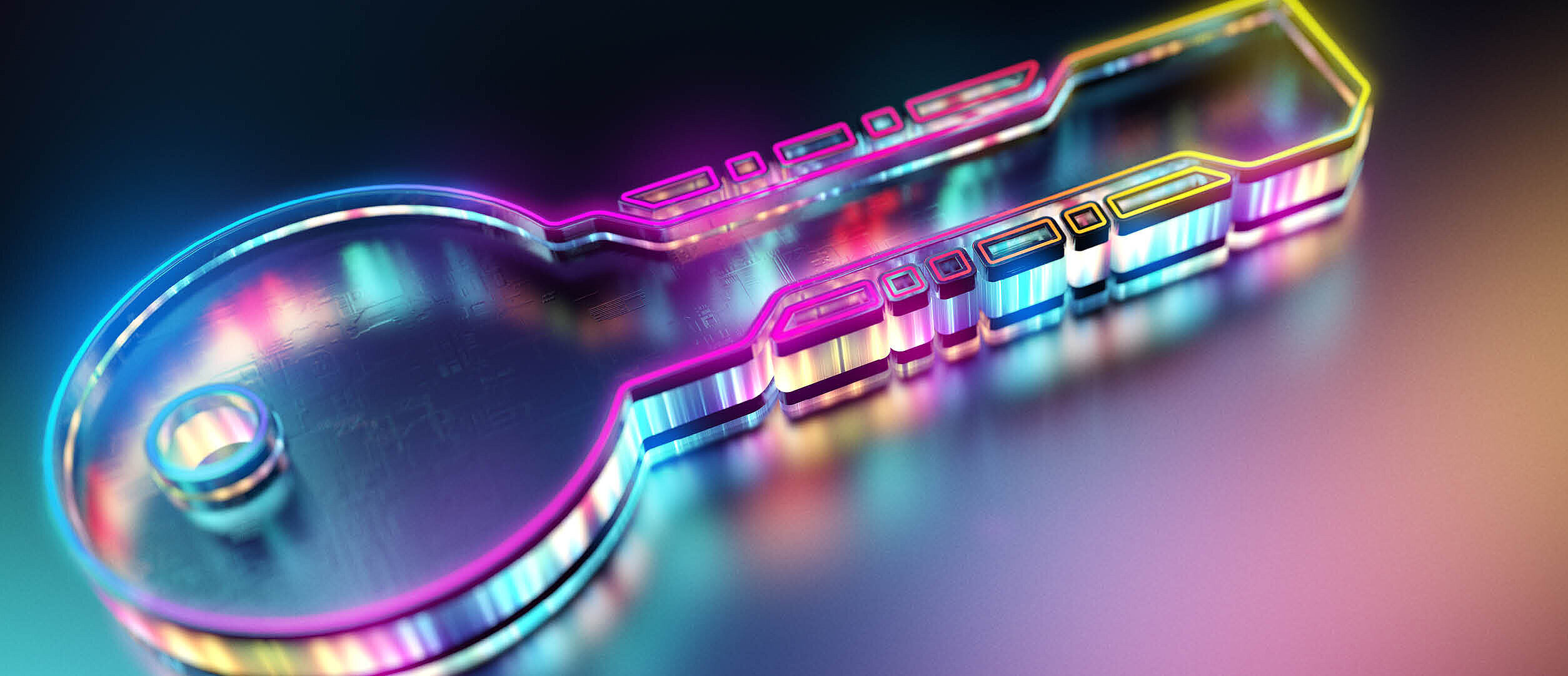 Ein neonfarbener, transparenter Schlüssel vor einem dunklem Hintergrund.