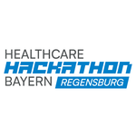 Das Bild zeigt das Logo des „Healthcare Hackathon Bayern Regensburg“. Es besteht aus dem Text „Healthcare Hackathon“ in blau und „Bayern Regensburg“ in grau darunter, wobei „Regensburg“ in einem blauen Feld platziert ist.