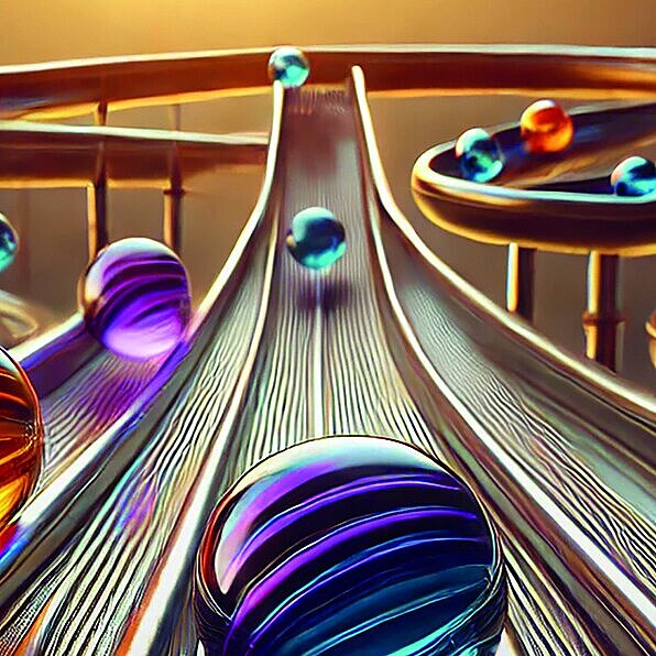 KI generiertes Bild zeigt Murmeln auf einer Kugelbahn