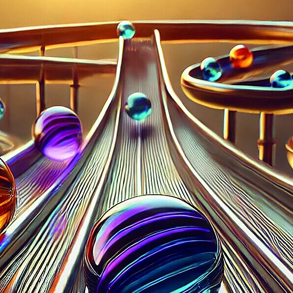 KI generiertes Bild zeigt Murmeln auf einer Kugelbahn