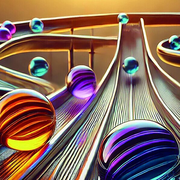 KI generiertes Bild zeigt Murmeln auf einer Kugelbahn