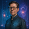 Eine Person mit Brille und futuristischer Kleidung steht vor einem Hintergrund mit kosmischen Partikeln.