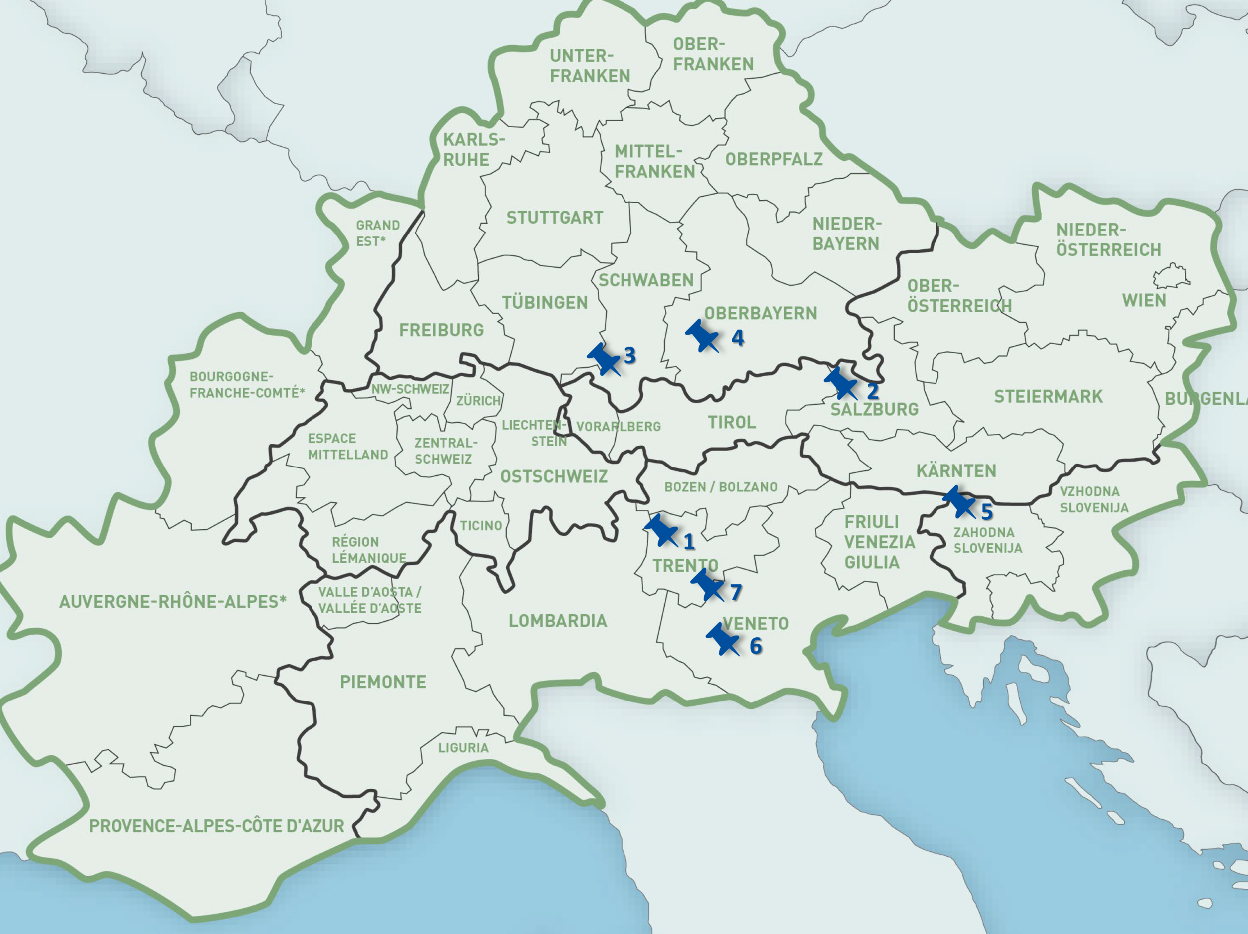 Auf dieser Karte befindet sich ein Ausschnitt der Europalandkarte. Hervorgehoben ist der Alpinraum. Darin sind die 7 Regionen, die im Rahmen des EU-Projektes Bauhalps bearbeitet wurden, mit Pinnnadeln gekennzeichnet. 