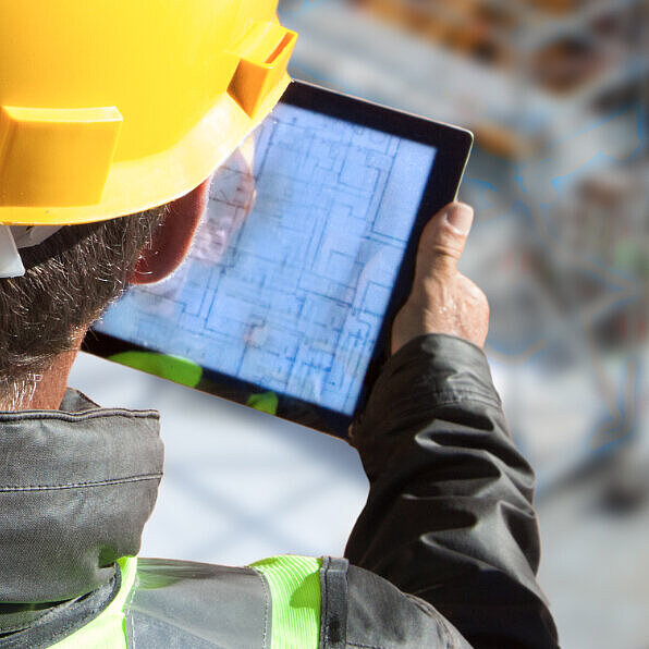 Ein Bauarbeiter mit gelbem Helm schaut auf ein Tablet. Im Hintergrund sieht man die Baustelle auf die er gerade steht.