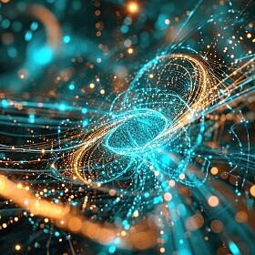 Visualisierung von vernetzten Datenströmen und digitalen Sicherheitsstrukturen mit leuchtenden Linien und Partikeln