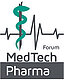 Das Bild zeigt das Logo des "MedTech Pharma Forum". Es besteht aus dem Symbol des Äskulapstabes (eine Schlange um einen Stab gewickelt), einem EKG-ähnlichen Herzschlagmuster und dem Schriftzug "MedTech Pharma Forum". Die Farbgebung ist in verschiedenen Grautönen und einem Türkistönen gehalten. 