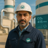 Ein Arbeiter mit Helm und Logo auf der Jacke steht vor Tanks für CO₂-Technologie.