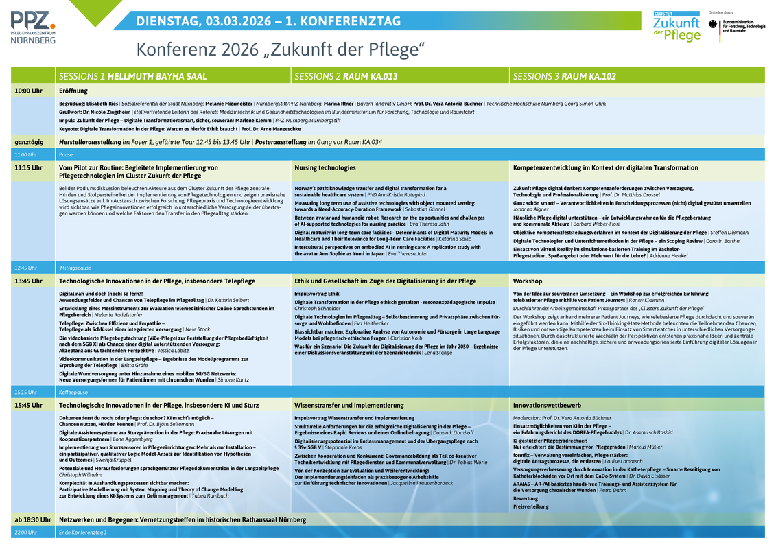Tagesprogramm der Konferenz "Zukunft der Pflege" am 03.03.2026 mit Zeitplan und Themen der Sessions in drei Räumen